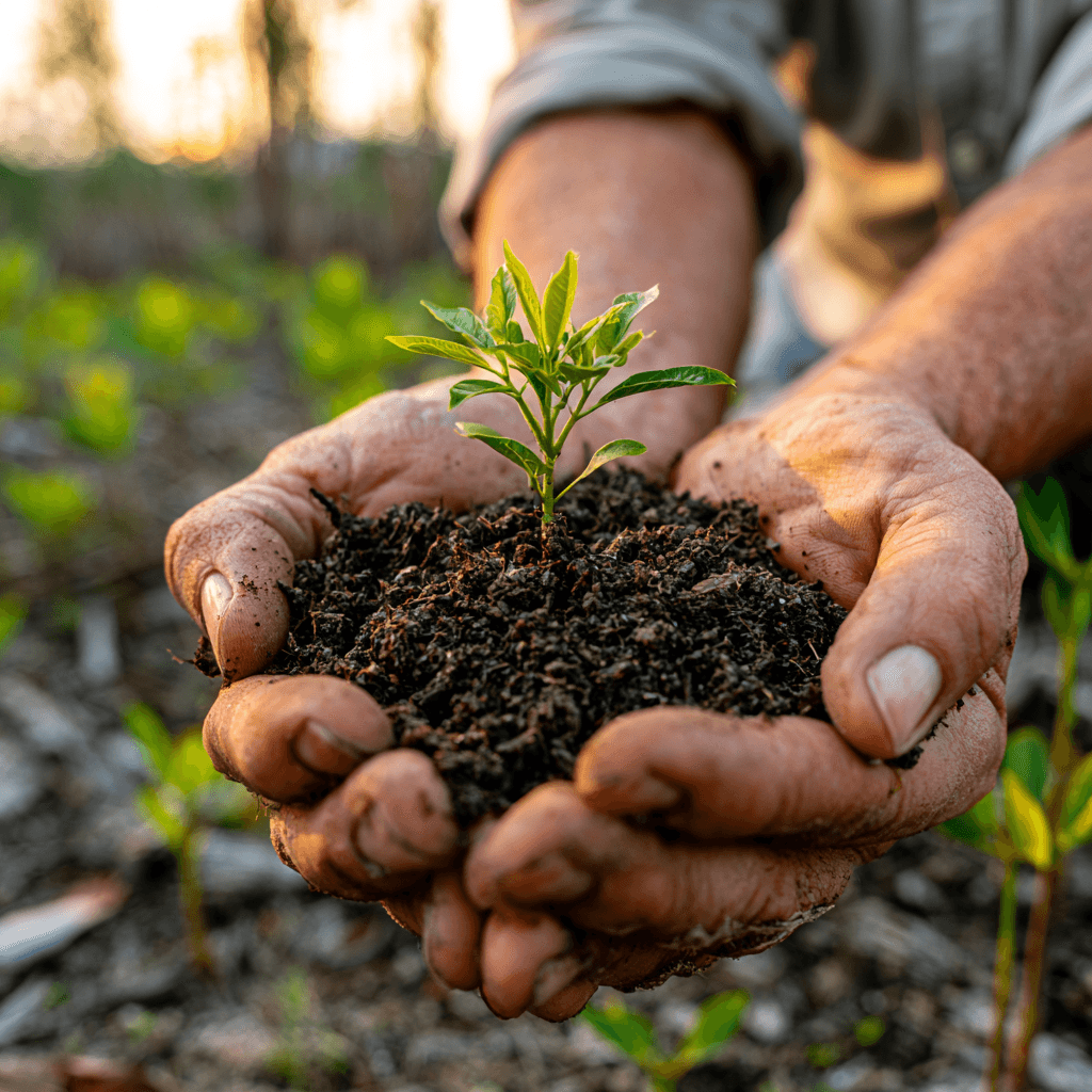 Cupped hands holding a young tree seedling in rich soil at golden hour